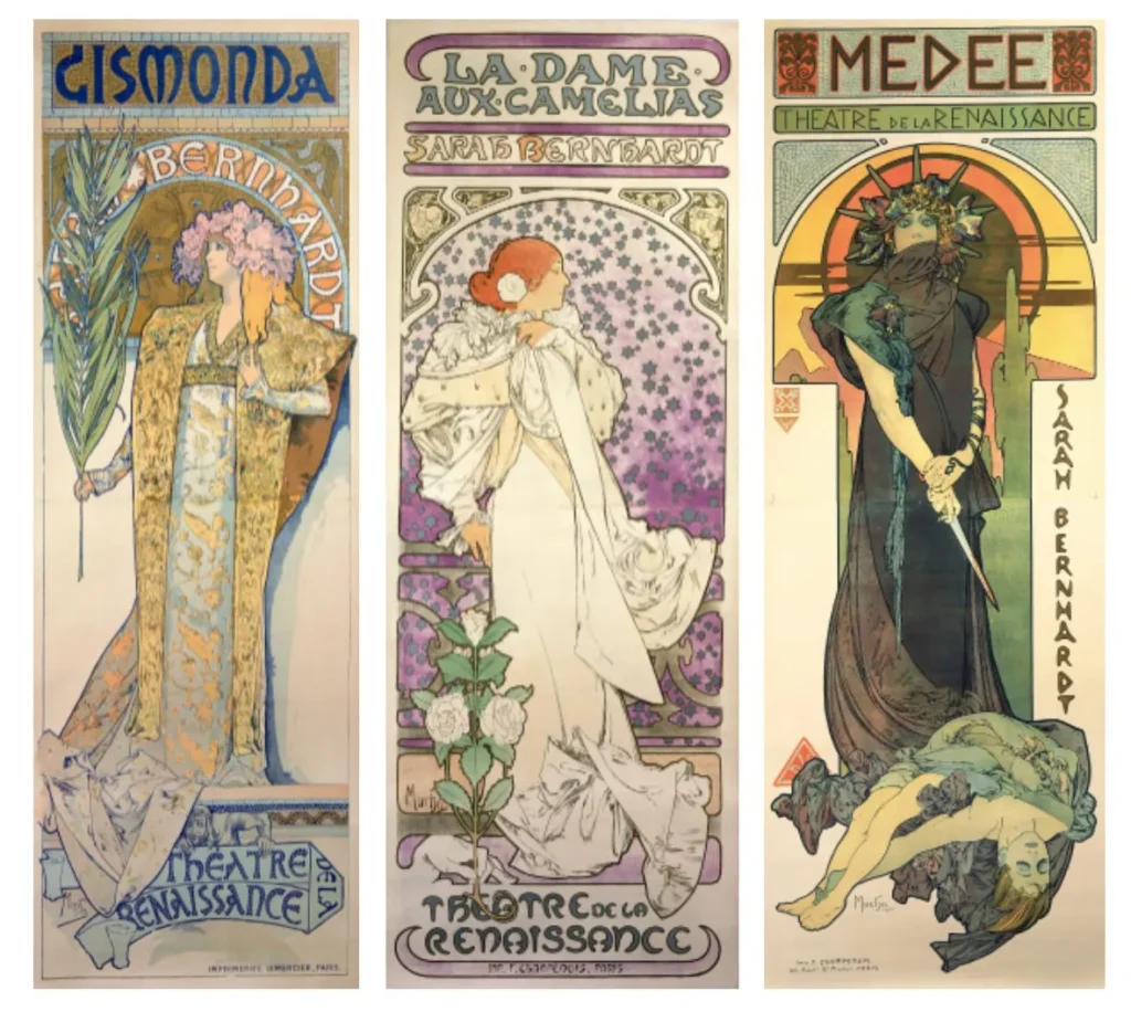 A selection of colour lithographs by Alphonse Mucha for Sarah
Bernhardt’s theatre productions (from left to right: Gismonda,
1894; La Dame aux Camélias, 1896; and Médée, 1898), ©
Mucha Trust 2024