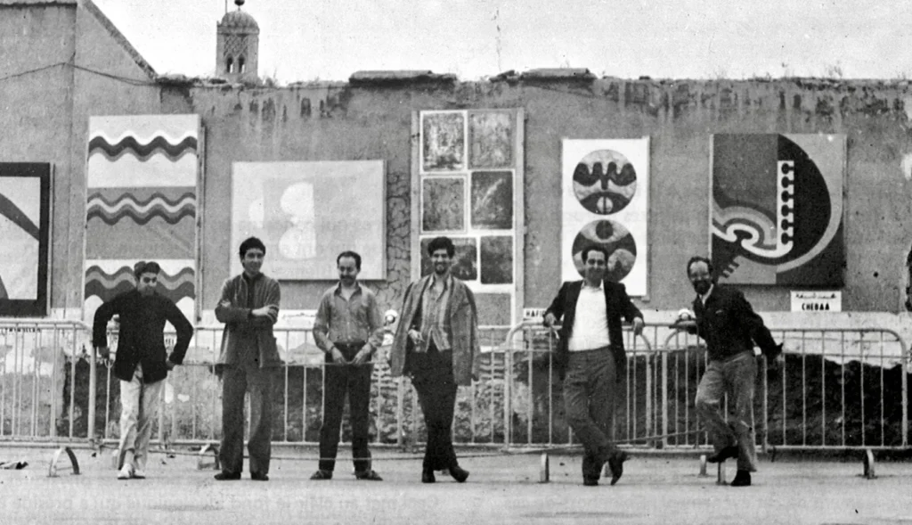 Bauhaus in Morocco (from left to right) Ataallah, Belkahia, Hafid, Hamidi, Chabaa, Melehi, exhibiting in the Jama's El Fna Square of Marrakech, 1969