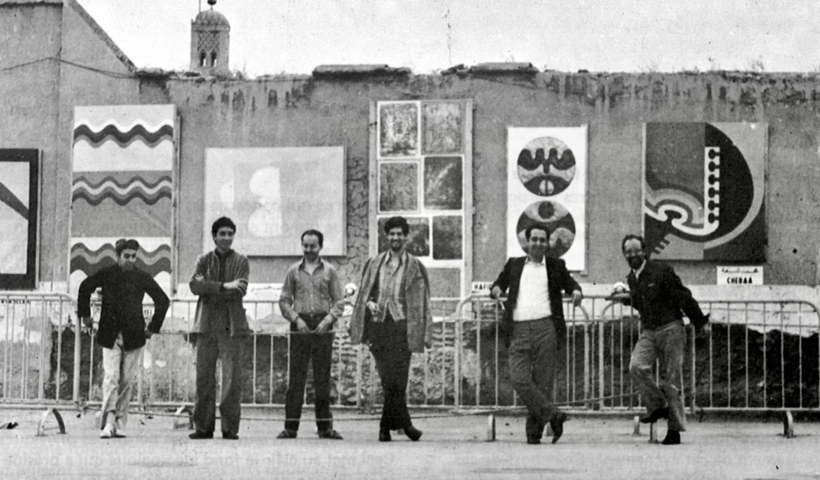 Bauhaus in Morocco (from left to right) Ataallah, Belkahia, Hafid, Hamidi, Chabaa, Melehi, exhibiting in the Jama's El Fna Square of Marrakech, 1969