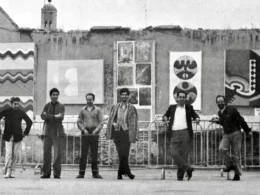 Bauhaus in Morocco (from left to right) Ataallah, Belkahia, Hafid, Hamidi, Chabaa, Melehi, exhibiting in the Jama's El Fna Square of Marrakech, 1969