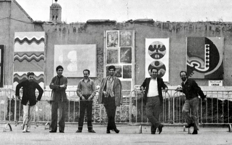 Bauhaus in Morocco (from left to right) Ataallah, Belkahia, Hafid, Hamidi, Chabaa, Melehi, exhibiting in the Jama's El Fna Square of Marrakech, 1969